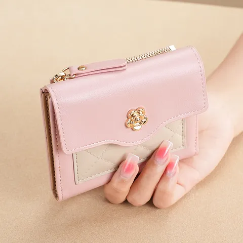 Women's PU Leather Short Quilted Wallet With Camellia Flower Button Multi-Slot Coin Purse Zipper Card Holder Fashion Sweet Small Wallet