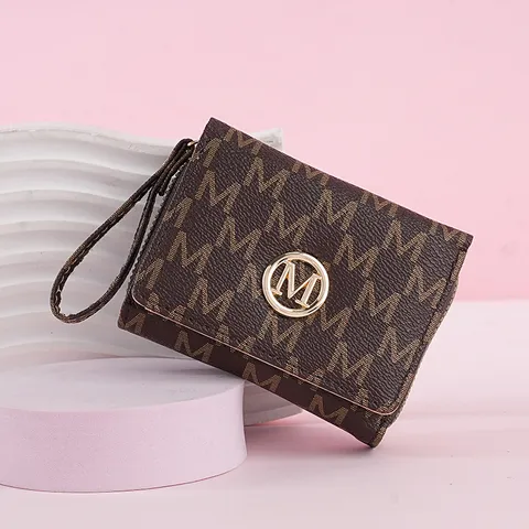 Women Fashion M Letter Print Tri-fold Short Wallet PU Leather Card Holder With Wristlet Strap Zipper Coin Purse Retro Wallet