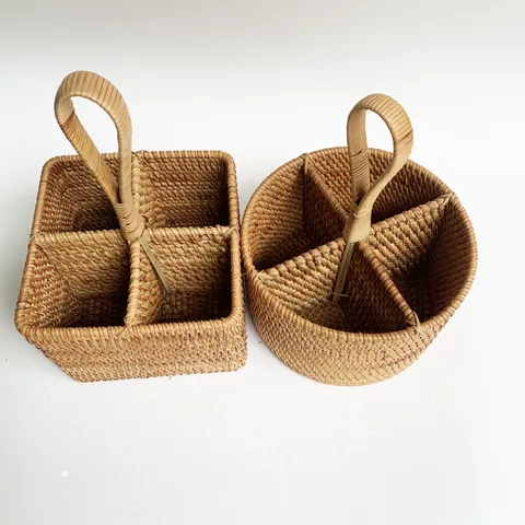 Handwoven Rattan Storage Basket Desktop Sundries Organizer Living Room Coffee Table Wicker Storage Box with Handle