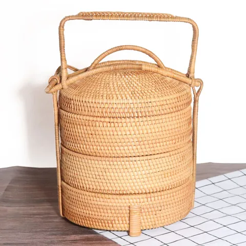 Handwoven Rattan Multi Layer Lunch Box Vintage Portable Bento Box Handheld Food Storage Basket For Home Outdoor