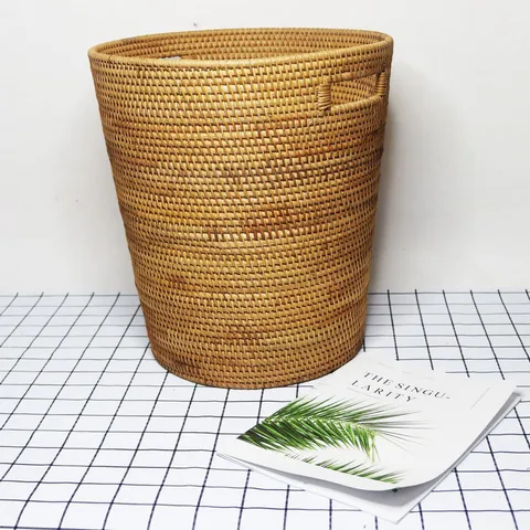 Handmade Natural Rattan Laundry Basket Woven Storage Hamper Round Clothes Sorting Basket Household Storage Bucket