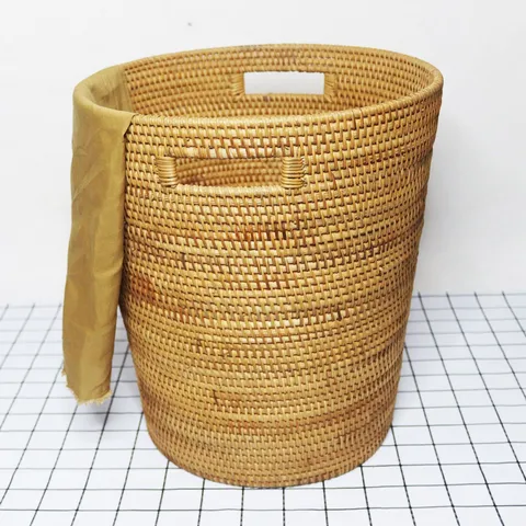 Handmade Natural Rattan Laundry Basket Woven Storage Hamper Round Clothes Sorting Basket Household Storage Bucket