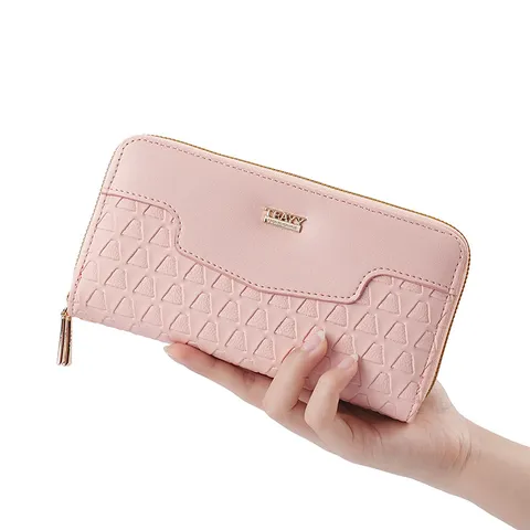 Women Long Double Zipper Wallet PU Leather Geometric Embossed Clutch Bag Multifunctional Phone Pocket Card Holder Purse With Wristlet