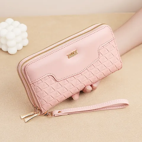 Women Long Double Zipper Wallet PU Leather Geometric Embossed Clutch Bag Multifunctional Phone Pocket Card Holder Purse With Wristlet