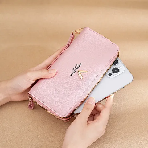 Women Long Wallet PU Leather Double Zipper Clutch Bag Fashion Letter Printed Purse With Wristlet Strap Large Capacity Card Holder Cell Phone Pocket