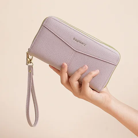 Women's Long Double Zipper Wallet High-End Litchi Grain PU Leather Clutch Bag Multi-Functional Phone Purse With Wristlet Strap