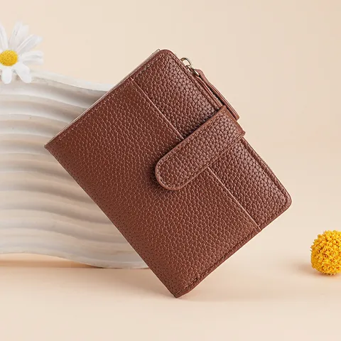 Women Fashion PU Leather Short Wallet Bi-fold Card Holder Multi Slot Zipper Coin Purse Litchi Texture Elegant Clutch