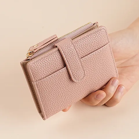 Women Fashion PU Leather Short Wallet Bi-fold Card Holder Multi Slot Zipper Coin Purse Litchi Texture Elegant Clutch