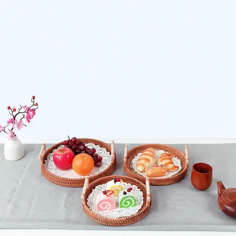 Rattan Woven Fruit Serving Tray With Shell Mosaic And Wooden Handles Decorative Round Storage Basket For Living Room Kitchen Table
