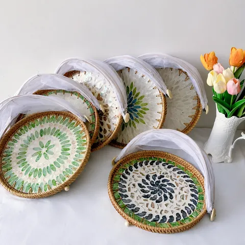 Handmade Rattan Fruit Basket Mesh Cover Colorful Shell Mosaic Storage Tray Decorative Food Cover For Kitchen