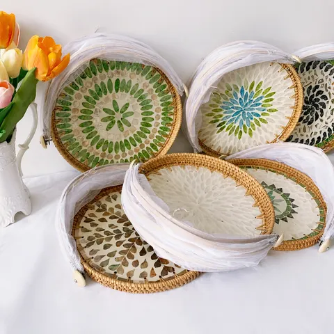 Handmade Rattan Fruit Basket Mesh Cover Colorful Shell Mosaic Storage Tray Decorative Food Cover For Kitchen