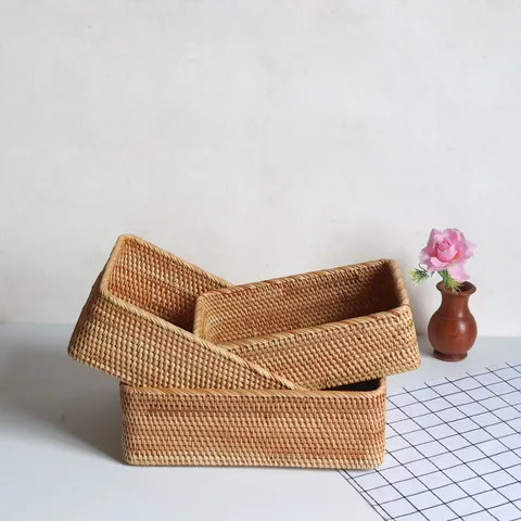 Handwoven Rattan Storage Basket Rectangular Woven Organizer Bin Natural Wicker Organizer Basket For Living Room Desktop Home