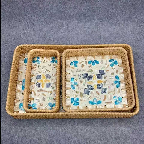 Handmade Rattan Woven Serving Tray Set Colorful Seashell Mosaic Decorative Storage Trays Multipurpose Organizer