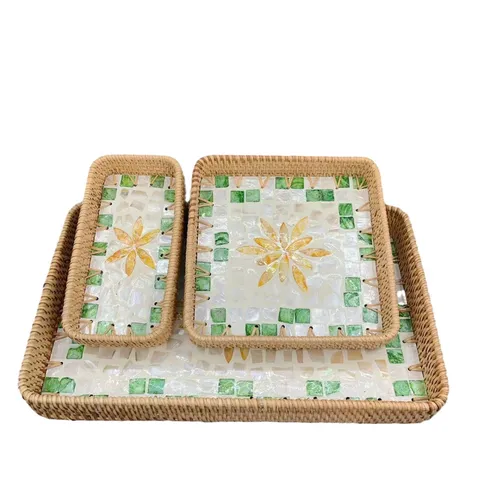 Handmade Rattan Woven Serving Tray Set Colorful Seashell Mosaic Decorative Storage Trays Multipurpose Organizer