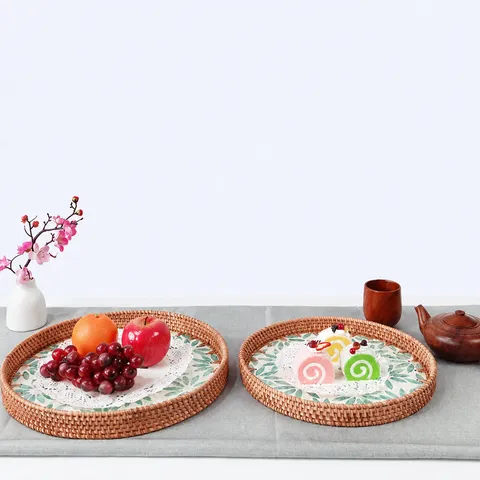 European Style Rattan Round Serving Tray Green Shell Inlaid Natural Woven Decorative Fruit Tea Tray For Living Room