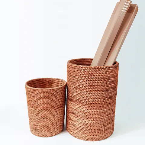 Handcrafted Natural Rattan Storage Basket Round Woven Laundry Hamper Scroll Painting Holder Minimalist Home Organizer