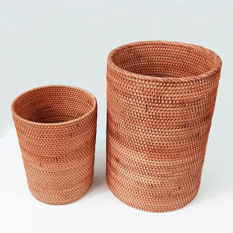 Handcrafted Natural Rattan Storage Basket Round Woven Laundry Hamper Scroll Painting Holder Minimalist Home Organizer