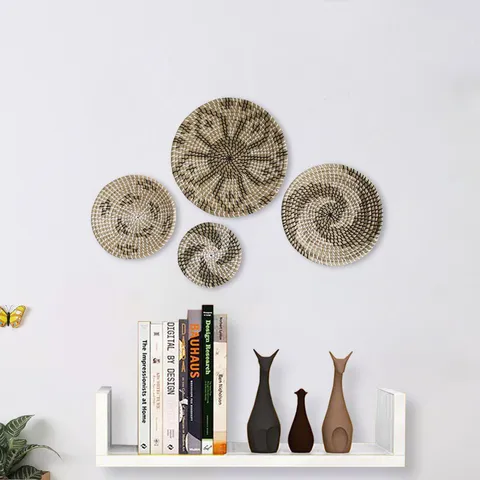 European Style Seagrass Woven Hanging Plates Set Black And White Plant Woven Wall Decor Crafts For Living Room Home