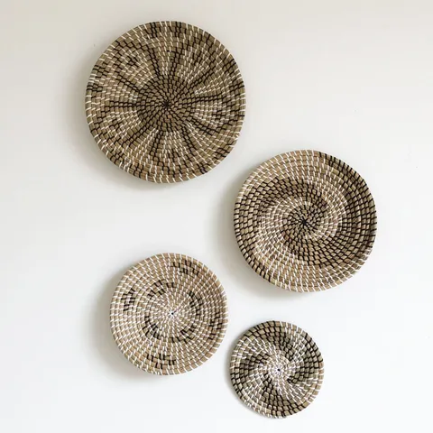 European Style Seagrass Woven Hanging Plates Set Black And White Plant Woven Wall Decor Crafts For Living Room Home
