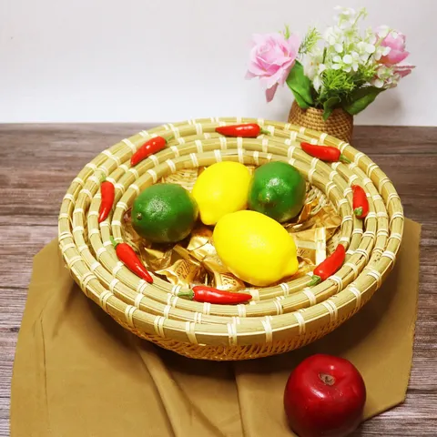 Panier de Fruit Tissé en Bambou Naturel Fait Main Cuisine Passoire Panier d'Égouttage Ménage Pain Nourriture Plateau de Rangement Rond Tissé