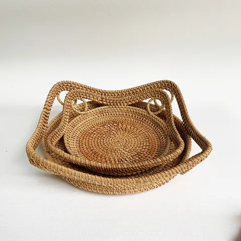 Cesta de Frutas Tejida de Ratán Hecha a Mano Bandeja de Almacenamiento Estilo Campestre Cesta Creativa de Dulces para Cocina Hogar