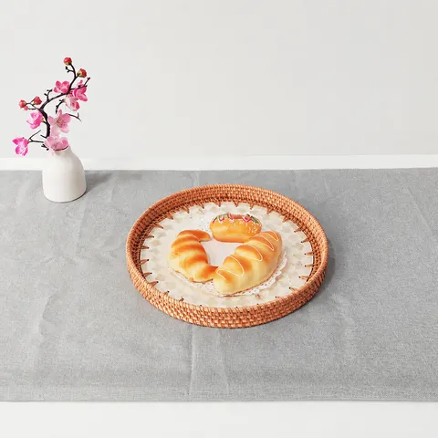 Nordic Rattan Shell Round Serving Tray Decorative Fruit Basket Hexagram Pattern Tea And Pastry Organizer