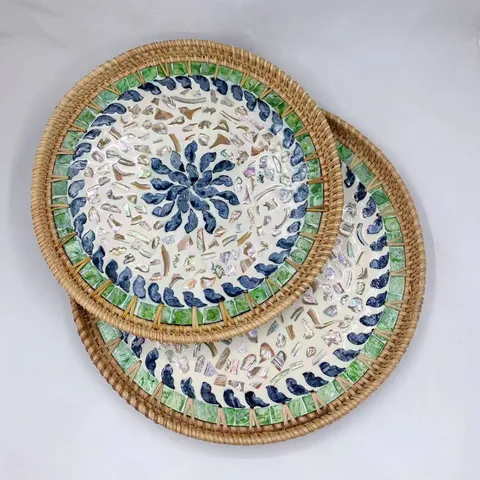 Handmade Rattan Woven Serving Tray Creative Round Decorative Tray With Colorful Shell Mosaic Floral Pattern For Home
