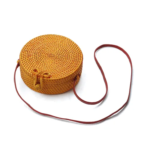 Womens Round Rattan Woven Crossbody Bag New Chinese Style Casual Handbag Natural Straw Beach Shoulder Bag