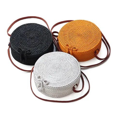 Womens Round Rattan Woven Crossbody Bag New Chinese Style Casual Handbag Natural Straw Beach Shoulder Bag