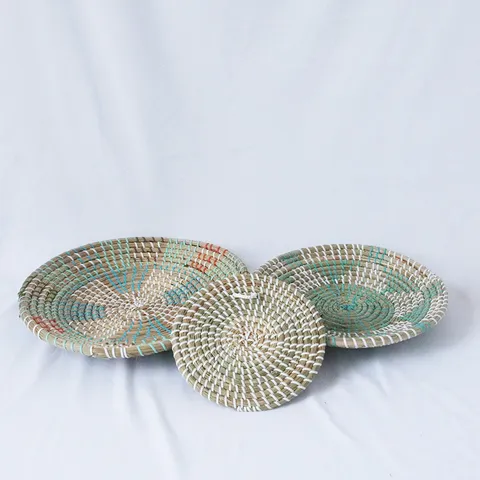 Set di Piatti Decorativi Tessuti in Erba Marina Cesto Sospeso da Parete Arte Artigianato Boho Soggiorno Decorazione murale