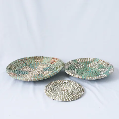 Set di Piatti Decorativi Tessuti in Erba Marina Cesto Sospeso da Parete Arte Artigianato Boho Soggiorno Decorazione murale