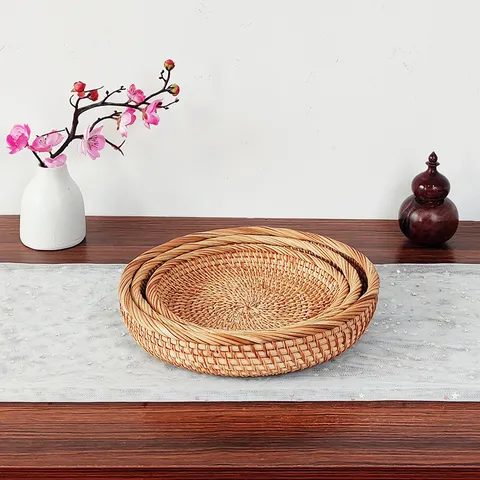 Autumn Rattan Woven Round Fruit Plate Household Living Room Fruit Basket Storage Tray Minimalist Style