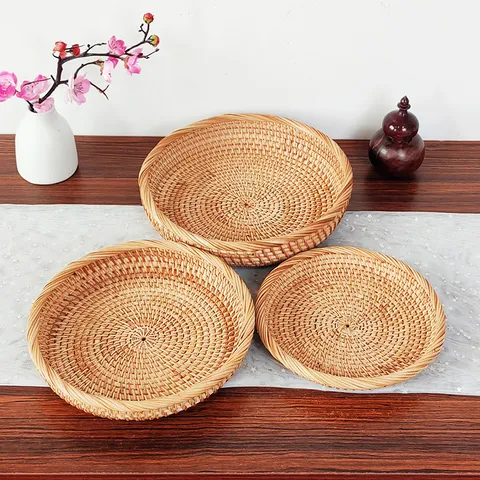 Autumn Rattan Woven Round Fruit Plate Household Living Room Fruit Basket Storage Tray Minimalist Style