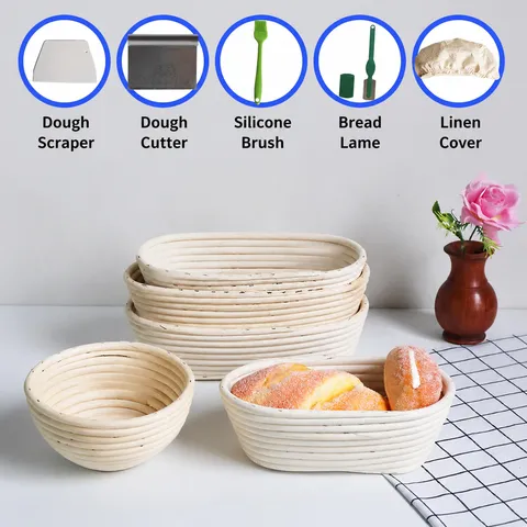 Handmade Natural Rattan Bread Proofing Basket Oval and Round Wicker Fermentation Bowl with Cloth Cover Kitchen Baking Tool