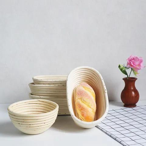Handmade Natural Rattan Bread Proofing Basket Oval and Round Wicker Fermentation Bowl with Cloth Cover Kitchen Baking Tool