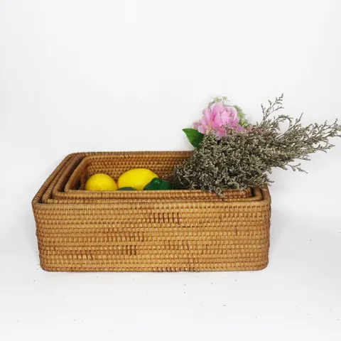 Natural Woven Rattan Storage Basket Rectangle Wicker Desktop Sundries Organizer For Home Office Modern Style