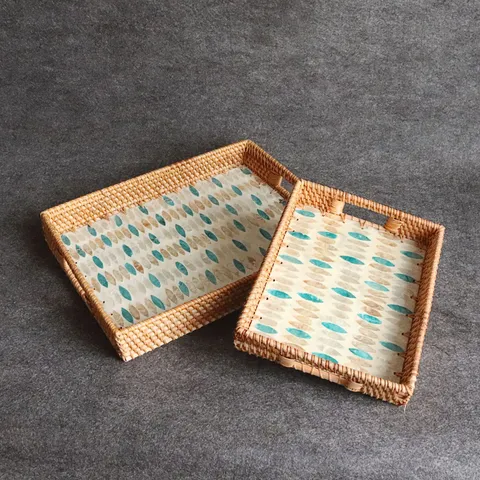 Handmade Rattan Woven Fruit Basket Square Serving Tray With Seashell Inlay Decorative Storage Basket For Living Room Home