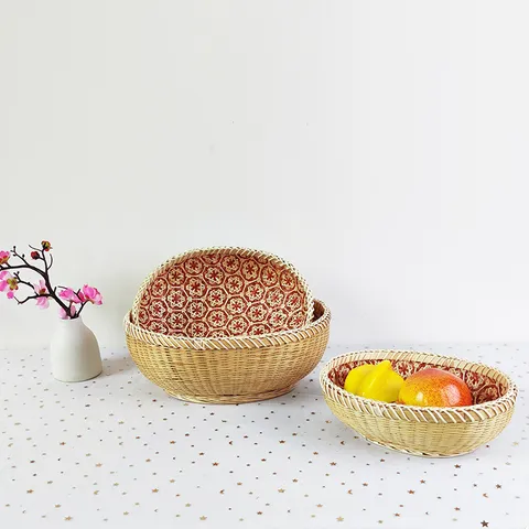 Corbeille de Fruits en Bambou Tressé Main Bac de Rangement Ovale avec Doublure Florale Rouge pour Salon