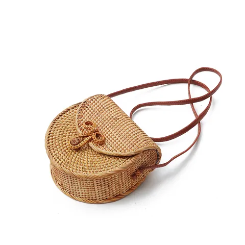 Rattan Woven Semicircle Crossbody Bag Vintage Mori Style Straw Shoulder Bag Women Woven Handbag With Bow Leather Buckle