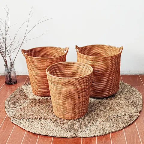Handwoven Rattan Laundry Basket Storage Bucket Wicker Sundries Organizer Large Storage Hamper For Bedroom Home Living Room