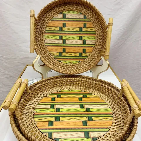 Handgemachte Rattan Gewebte Aufbewahrung Tablett Türkischer Stil Holzbrett Gedruckt Dekorative Serviertafel Für Heim Küche Organisation