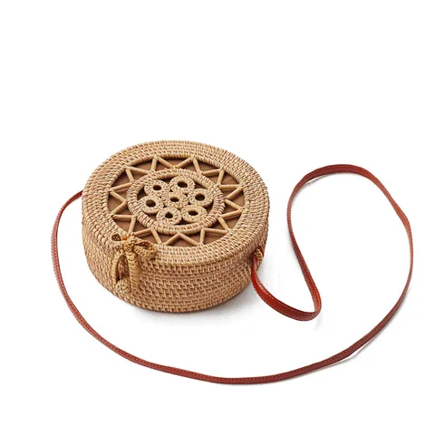 Woven Straw Bag Round Rattan Shoulder Bag Beach Crossbody Bag With Bow For Women Summer Vacation Casual Handbag