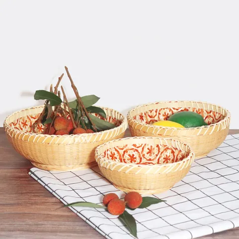 Panier à Fruits en Bambou Tissé à Main Panier de Rangement Rond Organisateur de Nourriture et Snacks pour Cuisine et Maison