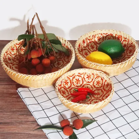 Panier à Fruits en Bambou Tissé à Main Panier de Rangement Rond Organisateur de Nourriture et Snacks pour Cuisine et Maison