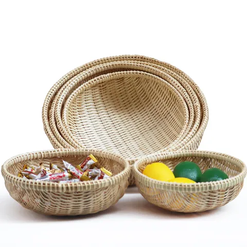 Tamis Tissé en Bambou Naturel Fait Main Panier de Rangement Rond Panier à Fruits Ménager Set de Coloire de Lavage de Légumes