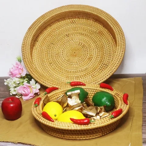 Natural Rattan Woven Storage Basket Handcrafted Fruit Tray Living Room Sundries Organizer Wicker Bread Basket