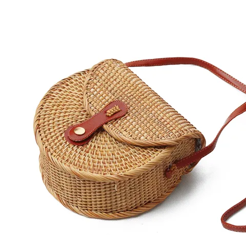 Rattan Woven Semicircle Crossbody Bag Vintage Mori Style Straw Shoulder Bag Women Woven Handbag With Bow Leather Buckle