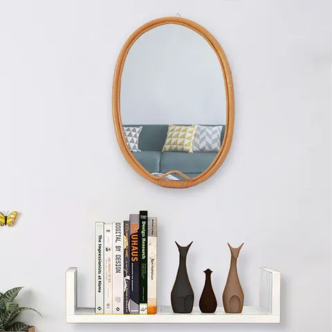 Specchio Sospeso Tessuto in Rattan Stile Europeo Ovale Specchio Decorativo da Parete per Ingresso Soggiorno Decorazioni per la Casa