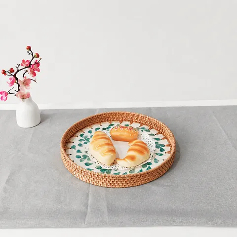 Nordic Rattan Woven Seashell Spiral Pattern Fruit Basket Handcrafted Round Tea Pastry Serving Tray Home Decor Storage