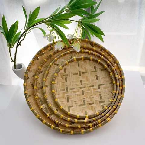 Ensemble de Paniers à Vanner Ronds Tissés en Bambou Naturel Plateau de Séchage des Aliments Panier de Rangement